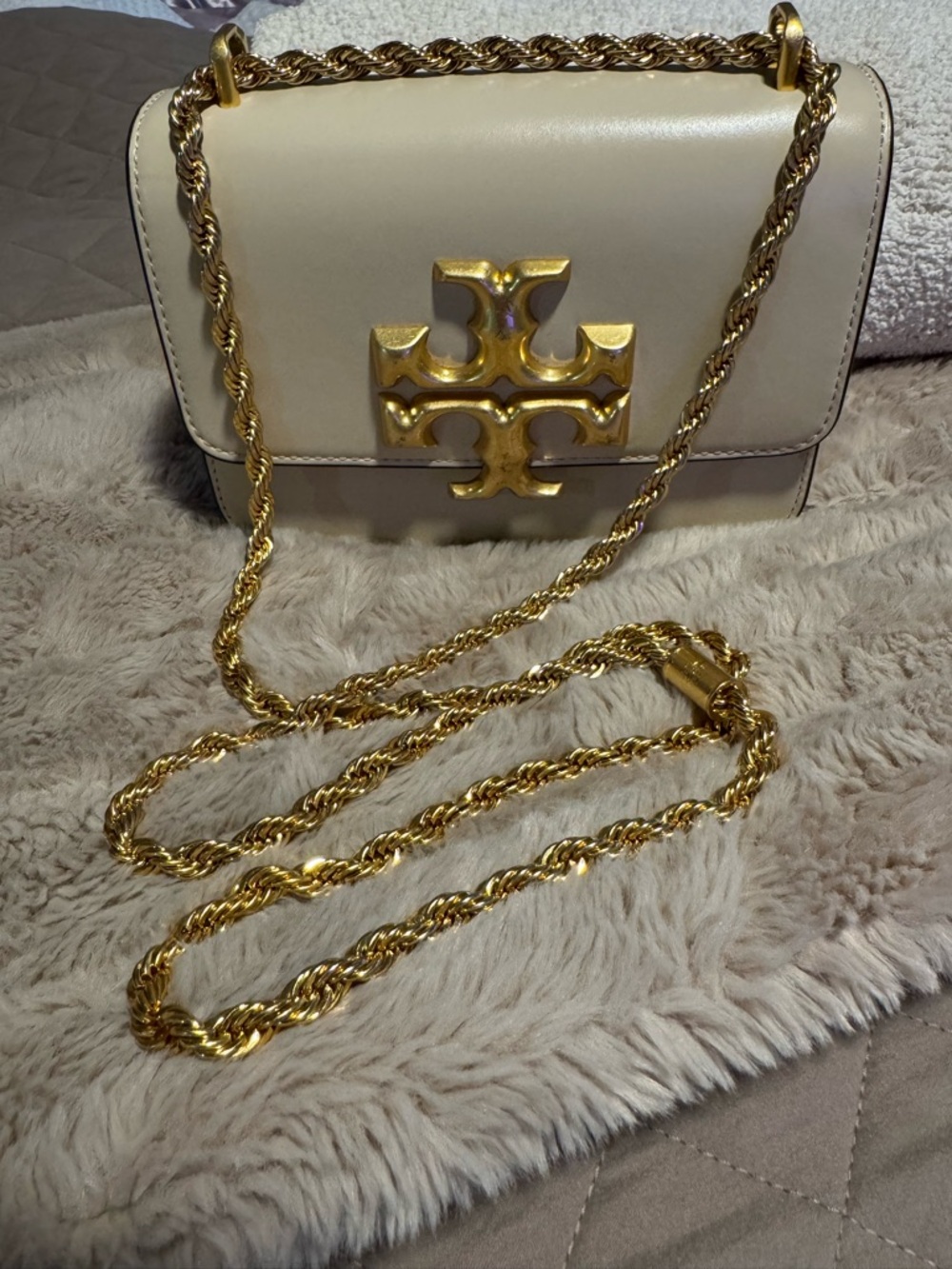 Tory Burch Cream Leather Crossbody with Gold Chain Logo